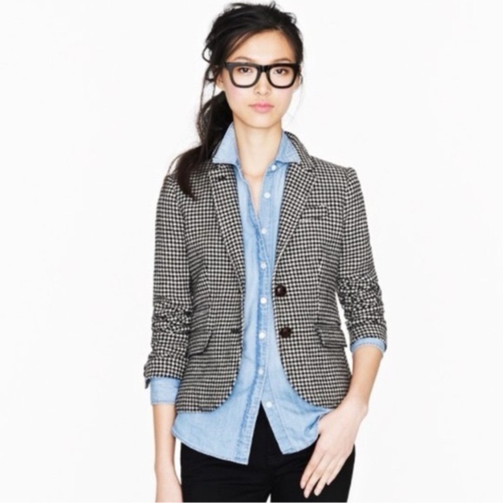 J.Crew Wool Houndstooth Blazer Leather Elbow Patch Size 8